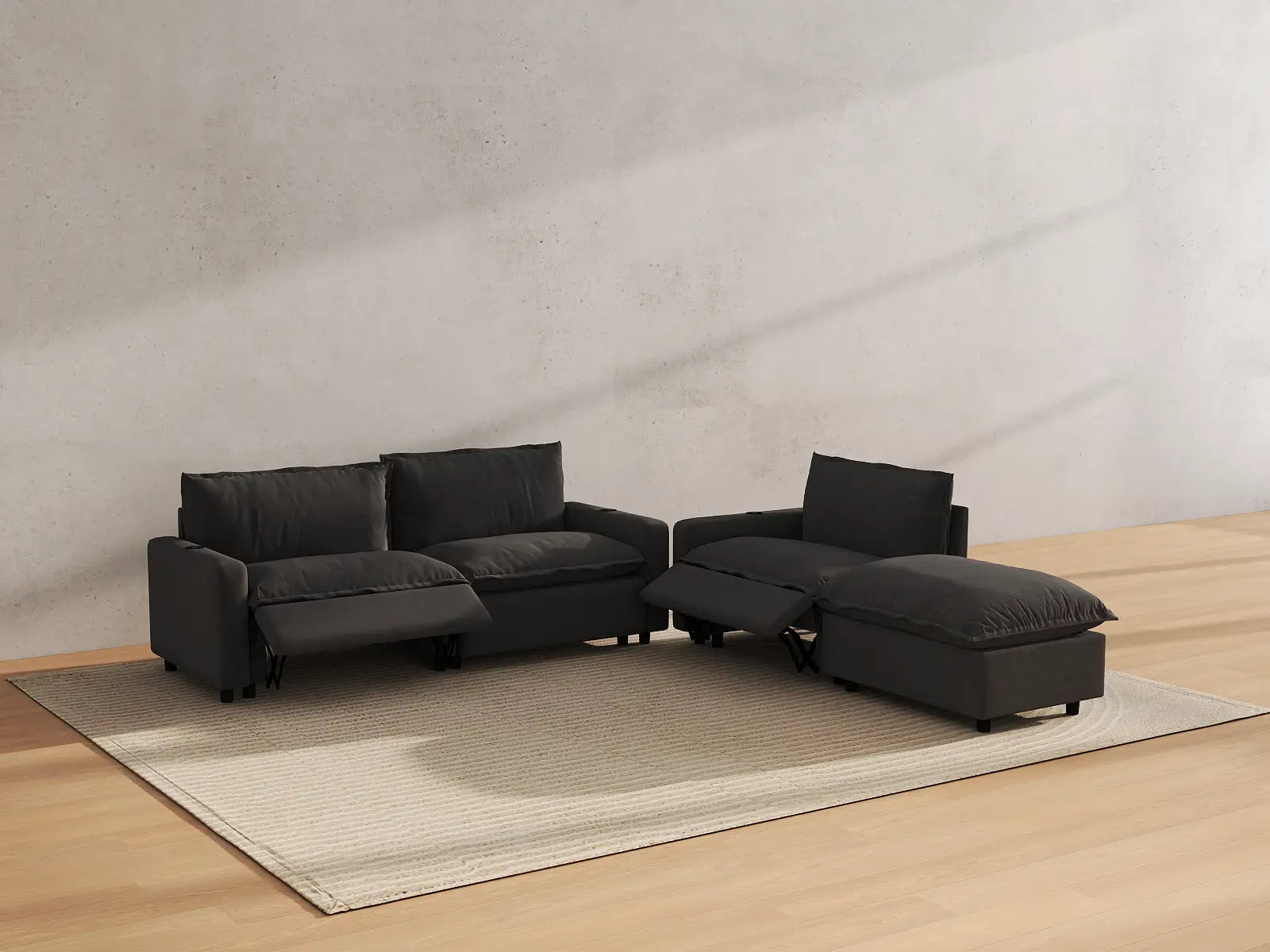 Modular Cero Sectional Couch with Chaise and Recliner | 4-Piece Grey Linen Home Living Chaise Sectionals 3-Seater with 1-Ottoman