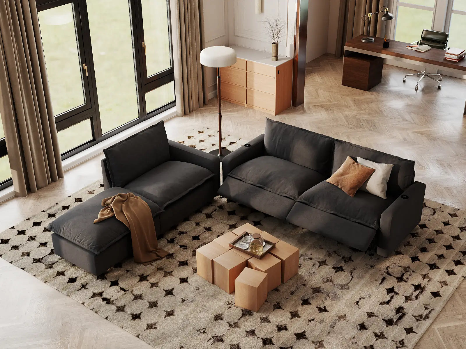 Modular Cero Reclining Sectional Sofa with Chaise | 4-Piece Grey Linen Large Space Chaise Sectionals 3-Seater with 1-Ottoman