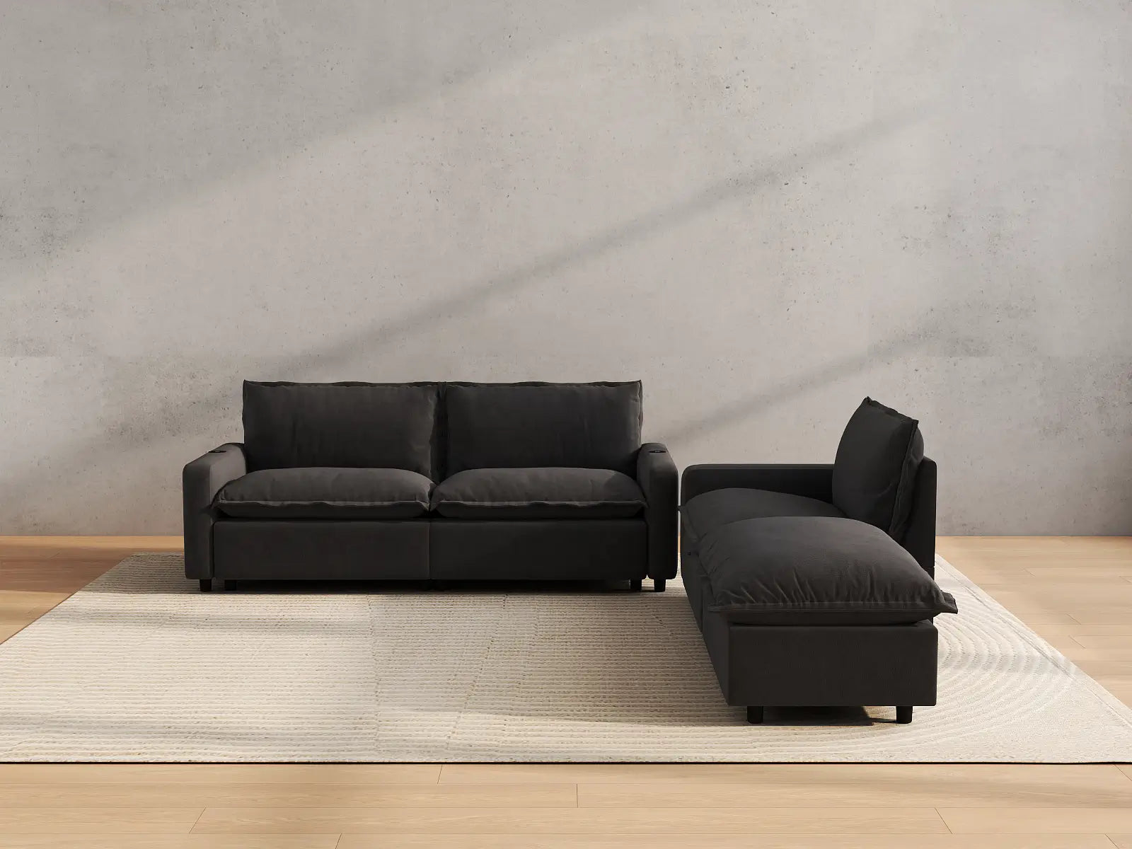 Modular Cero Reclining Sectional Sofa with Chaise | 4-Piece Grey Linen Large Space Chaise Sectionals 3-Seater with 1-Ottoman