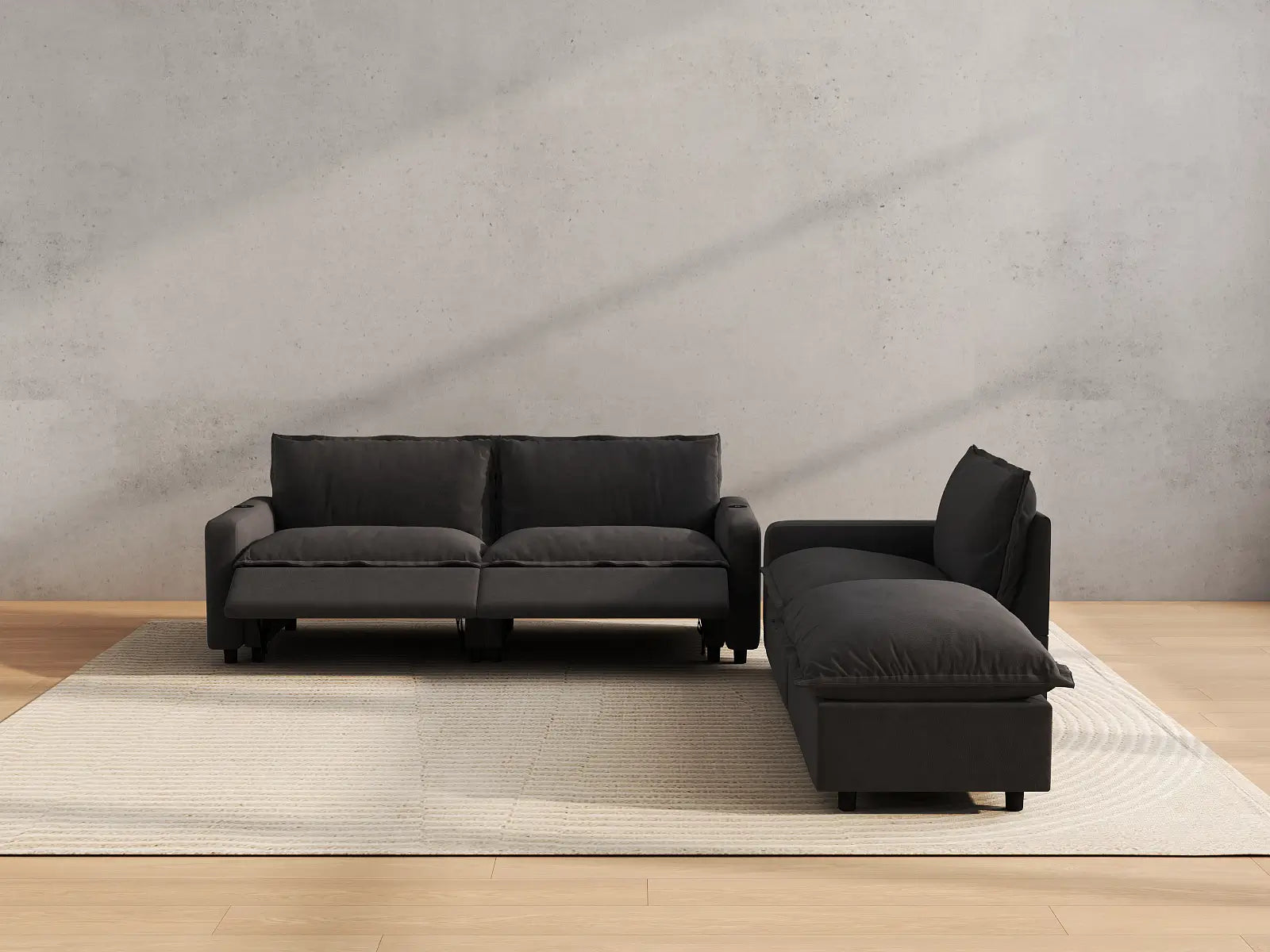 Modular Cero Reclining Sectional Sofa with Chaise | 4-Piece Grey Linen Large Space Chaise Sectionals 3-Seater with 1-Ottoman
