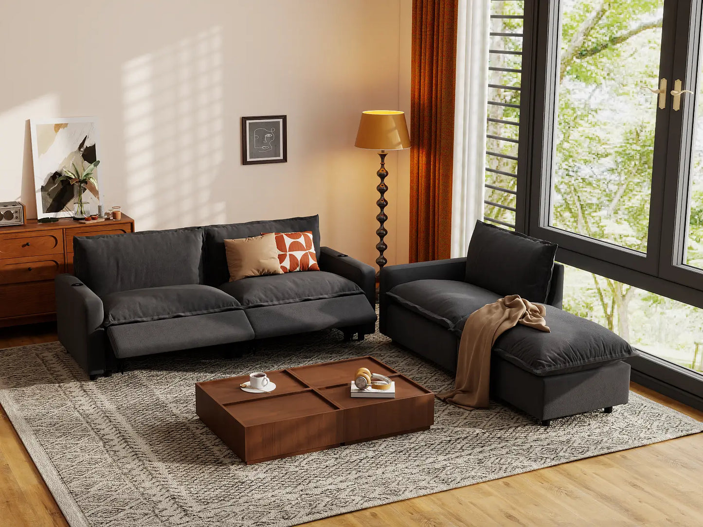 Modular Cero Reclining Sectionals | 4-Piece Grey Linen Large Space Chaise Sectionals 3-Seater with 1-Ottoman