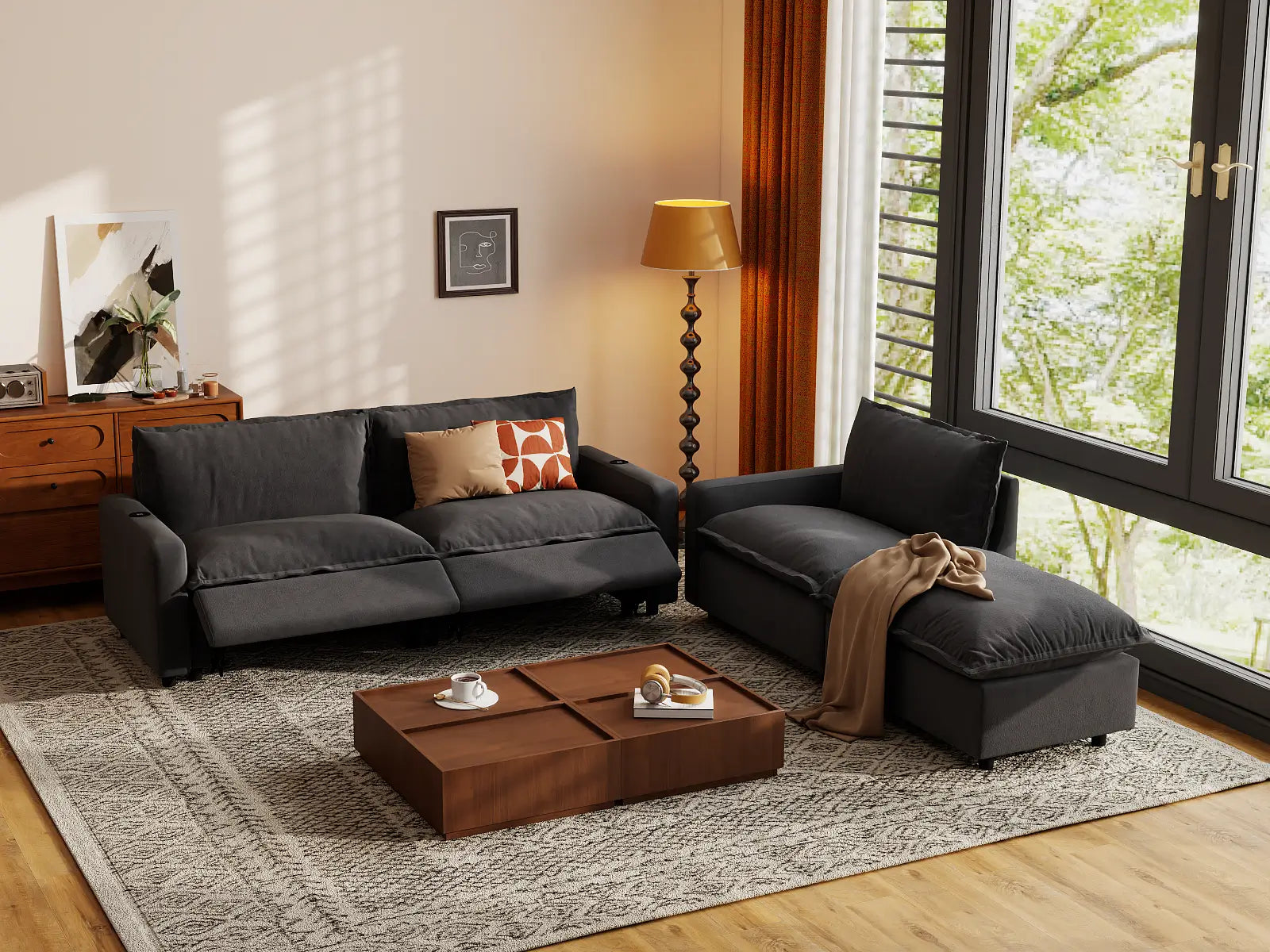 Modular Cero Reclining Sectional Sofa with Chaise | 4-Piece Grey Linen Large Space Chaise Sectionals 3-Seater with 1-Ottoman