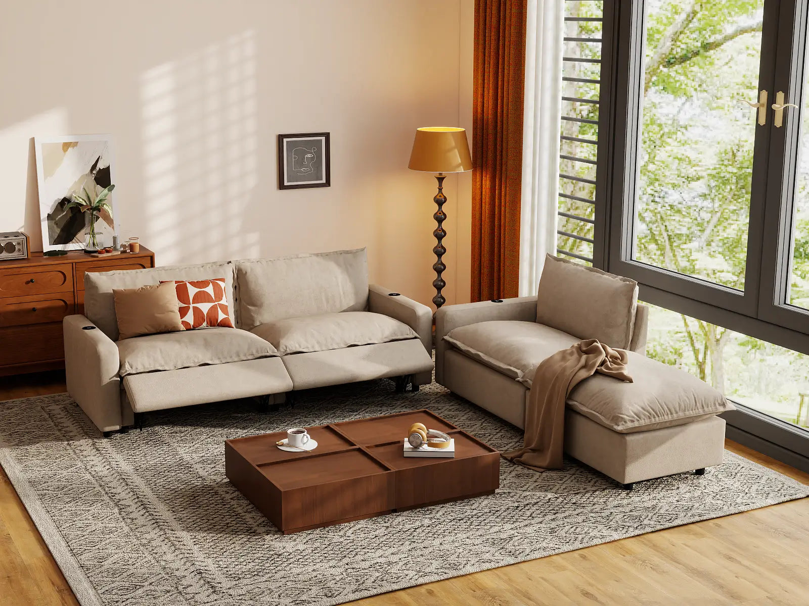Modular Cero Sectional Sofa with Chaise and Recliner | 4-Piece Khaki Linen Home Living Chaise Sectionals 3-Seater with 1-Ottoman