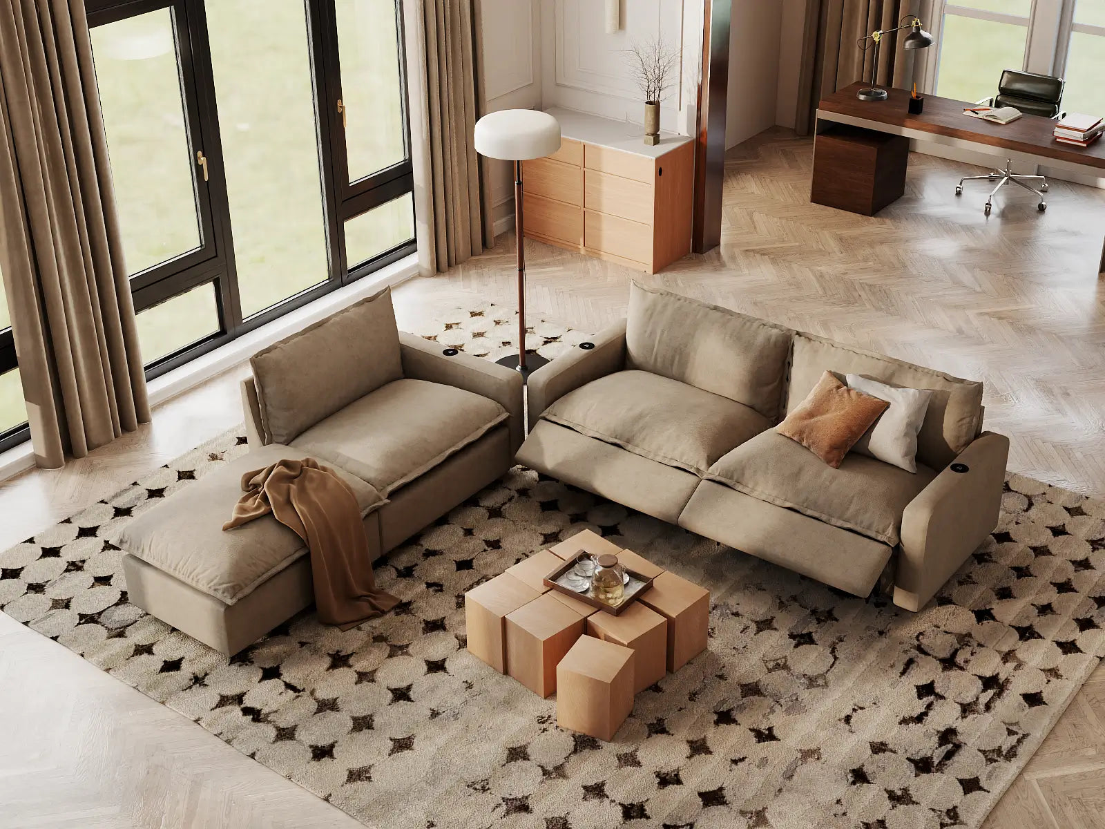 Modular Cero Sectional Sofa with Chaise and Recliner | 4-Piece Khaki Linen Home Living Chaise Sectionals 3-Seater with 1-Ottoman