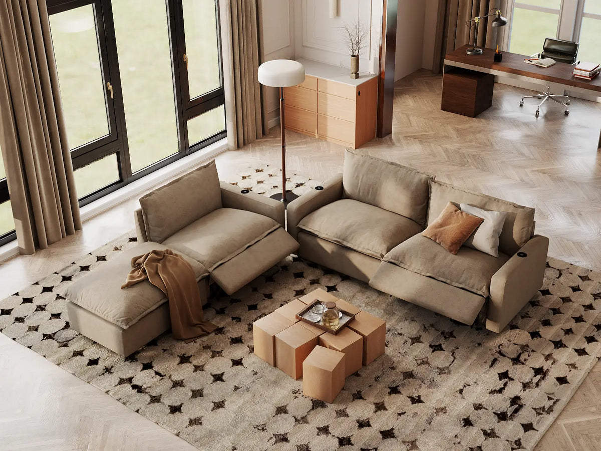 Modular Cero Reclining Sectionals | 4-Piece Khaki Linen Home Living Chaise Sectionals 3-Seater with 1-Ottoman