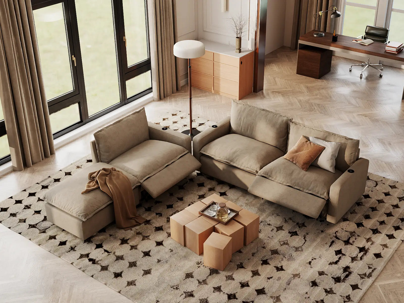 Modular Cero Sectional Sofa with Chaise and Recliner | 4-Piece Khaki Linen Home Living Chaise Sectionals 3-Seater with 1-Ottoman