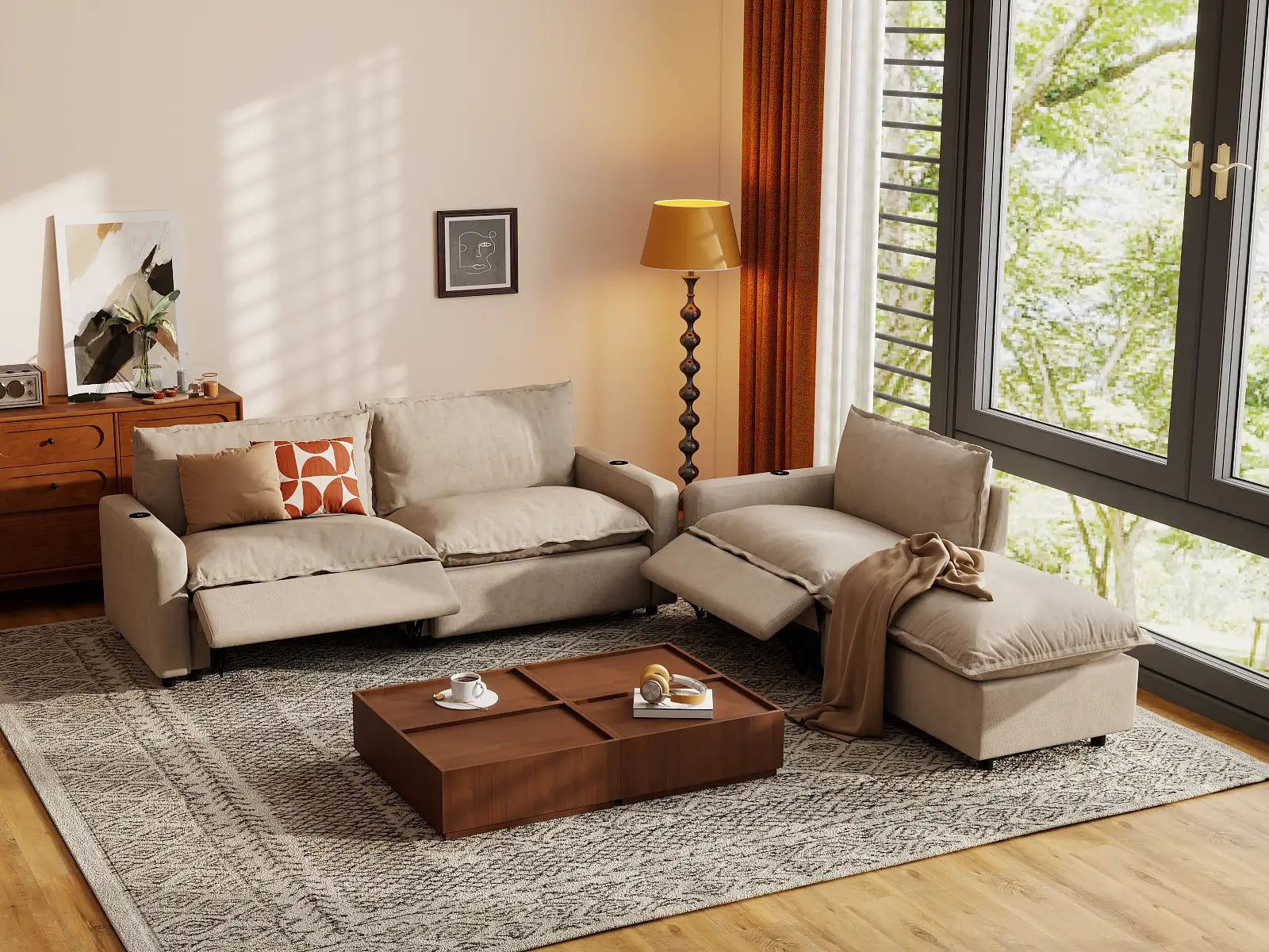 Modular Cero Sectional Sofa with Chaise and Recliner | 4-Piece Khaki Linen Home Living Chaise Sectionals 3-Seater with 1-Ottoman
