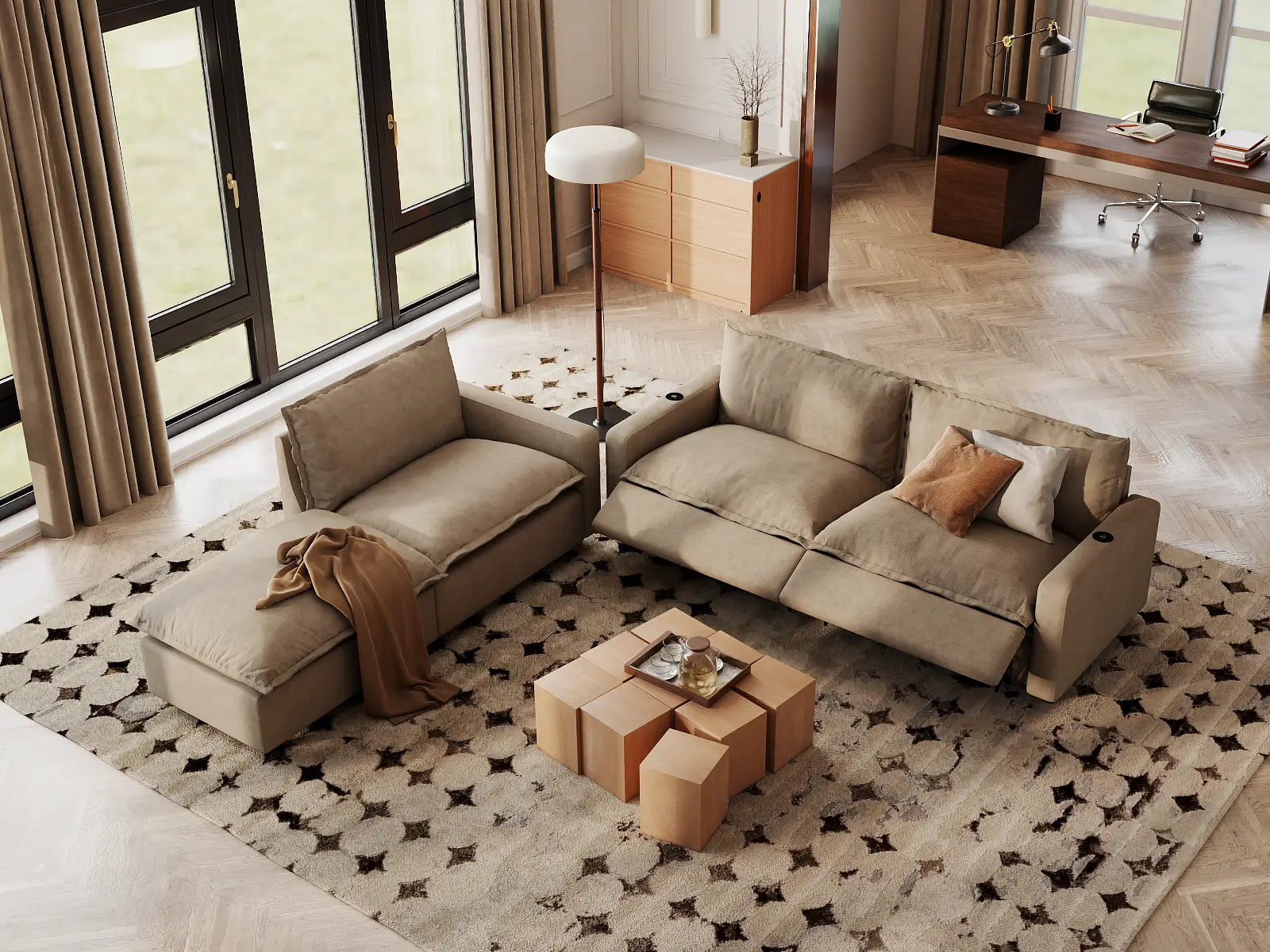 Modular Cero Sectional with Chaise and Recliner | 4-Piece Khaki Linen Home Living Chaise Sectionals 3-Seater with 1-Ottoman