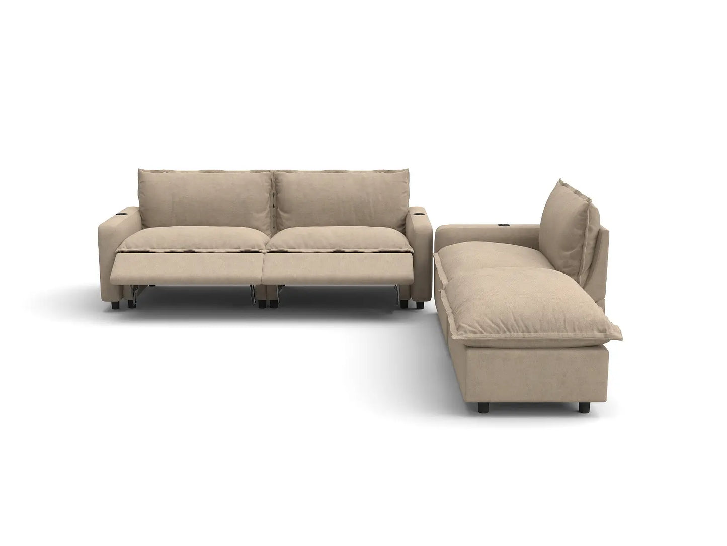 Modular Cero Reclining Sectionals | 4-Piece Khaki Linen Home Living Chaise Sectionals 3-Seater with 1-Ottoman
