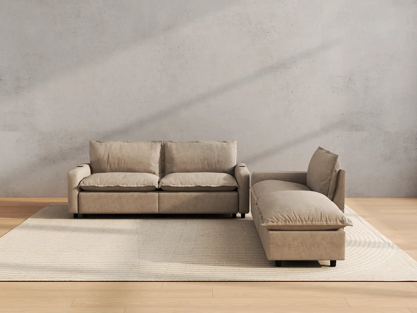 Modular Cero Sectional with Chaise and Recliner | 4-Piece Khaki Linen Home Living Chaise Sectionals 3-Seater with 1-Ottoman