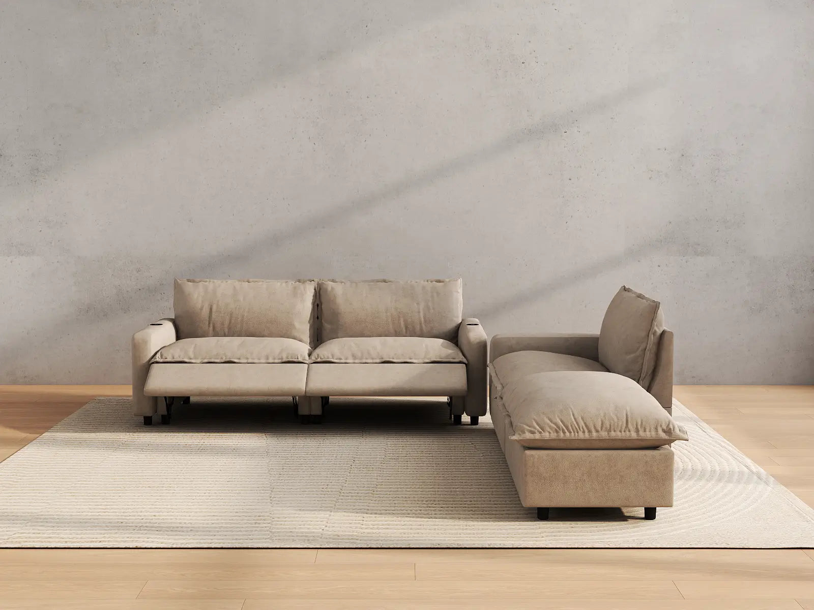 Modular Cero Sectional with Chaise and Recliner | 4-Piece Khaki Linen Home Living Chaise Sectionals 3-Seater with 1-Ottoman