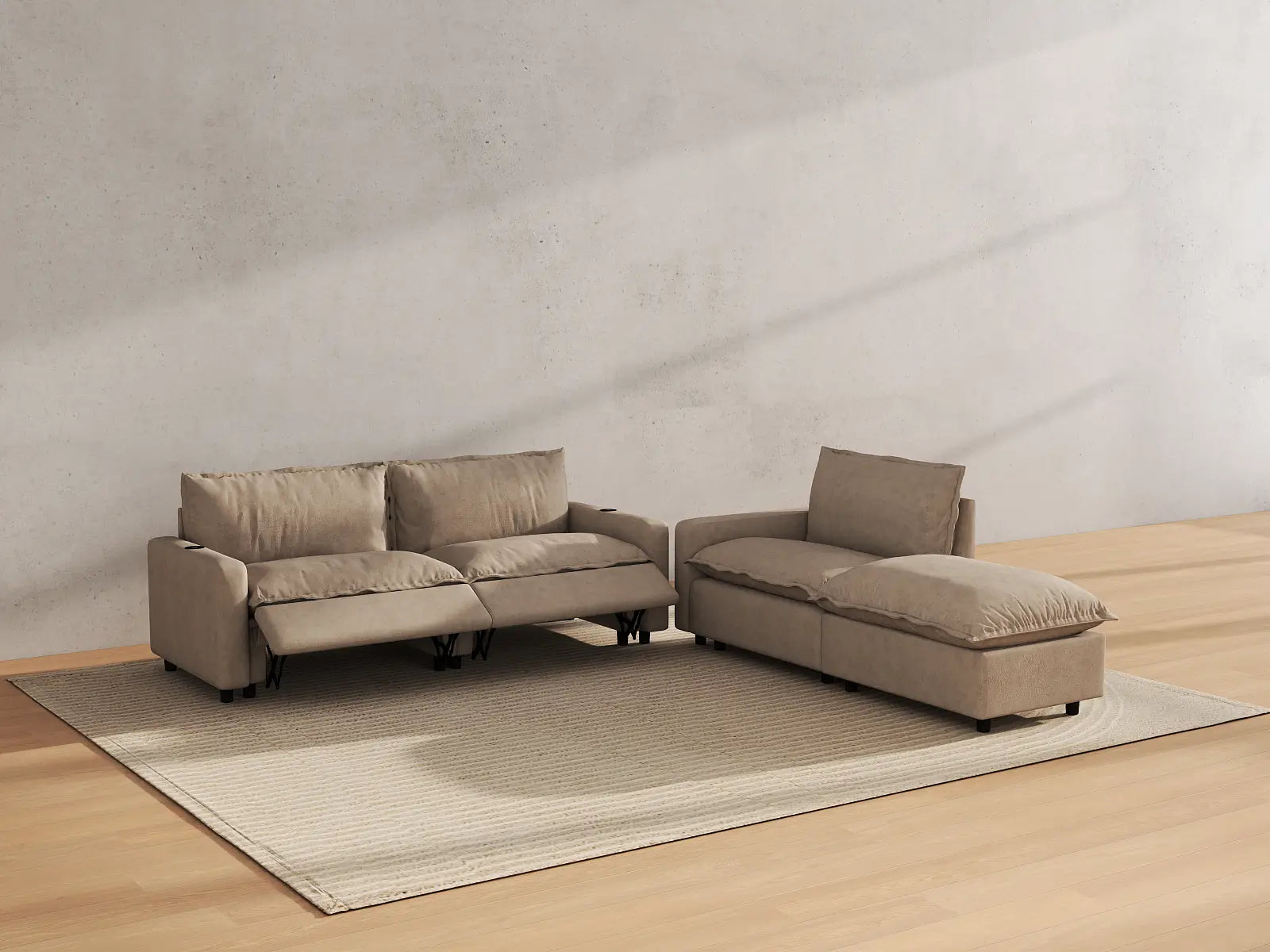 Modular Cero Sectional with Chaise and Recliner | 4-Piece Khaki Linen Home Living Chaise Sectionals 3-Seater with 1-Ottoman