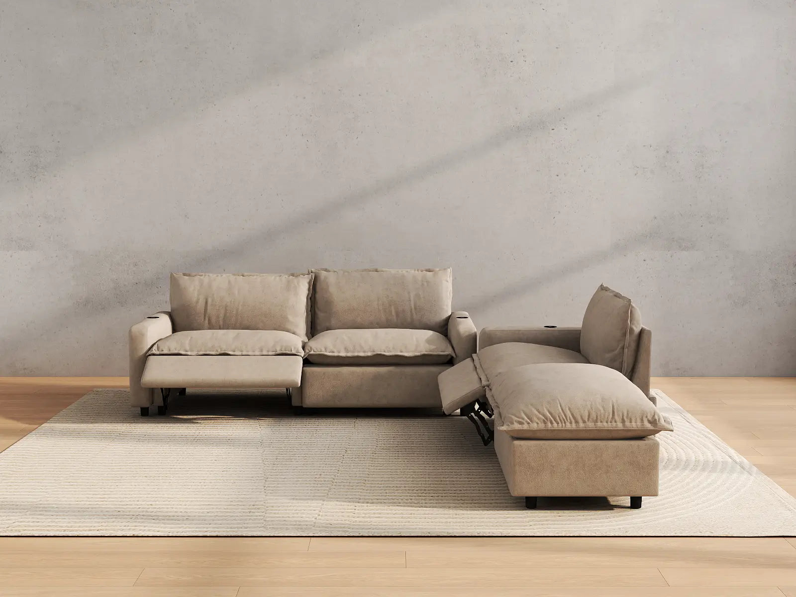 Modular Cero Sectional Sofa with Chaise and Recliner | 4-Piece Khaki Linen Home Living Chaise Sectionals 3-Seater with 1-Ottoman