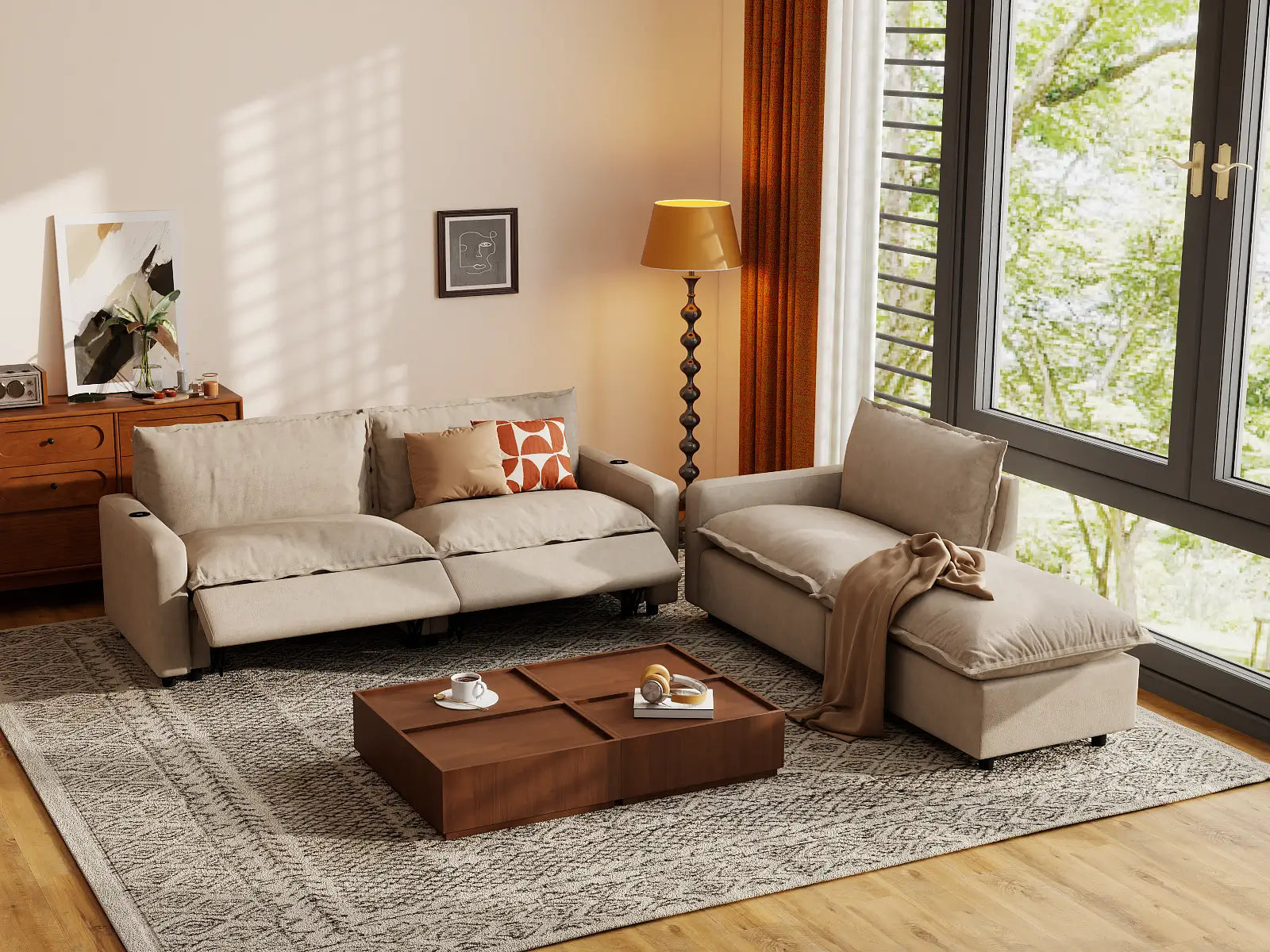 Modular Cero Sectional with Chaise and Recliner | 4-Piece Khaki Linen Home Living Chaise Sectionals 3-Seater with 1-Ottoman