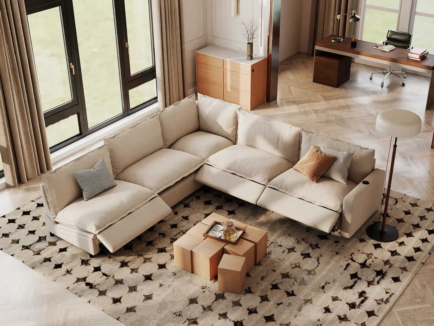 Modular Cero Power Reclining Sectional | 5-Piece Beige Linen Grand Estate V-Shaped Sectionals 5-Seater