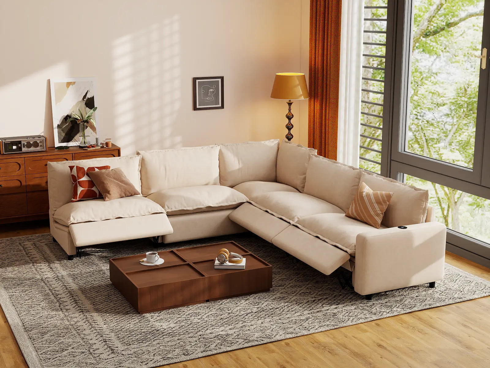 Modular Cero Power Reclining Sectional | 5-Piece Beige Linen Grand Estate V-Shaped Sectionals 5-Seater