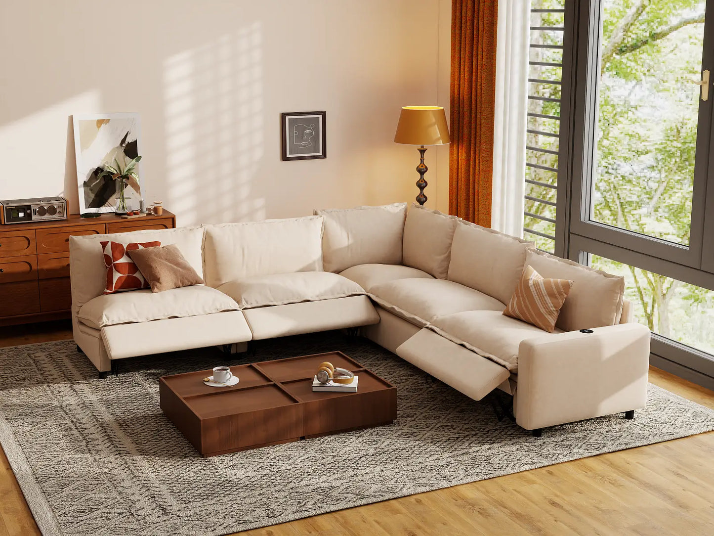 Modular Cero Power Reclining Sectional | 5-Piece Beige Linen Grand Estate V-Shaped Sectionals 5-Seater
