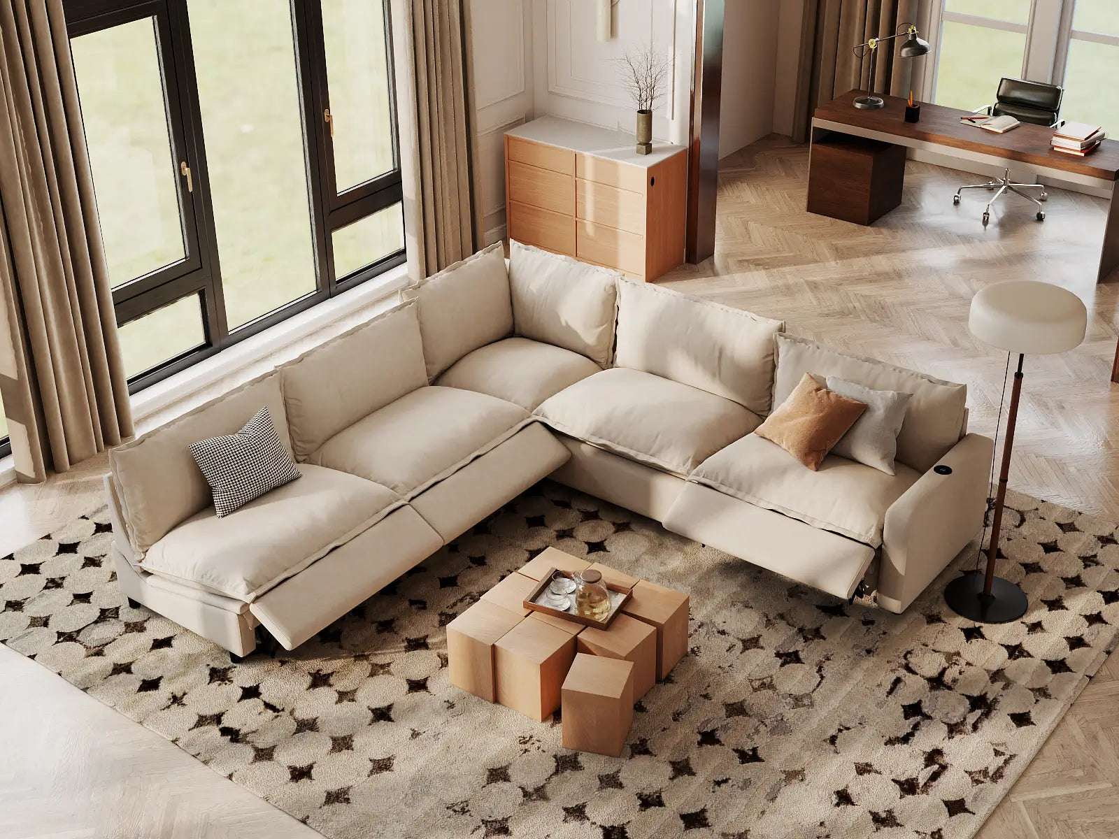 Modular Cero Power Reclining Sectional | 5-Piece Beige Linen Grand Estate V-Shaped Sectionals 5-Seater