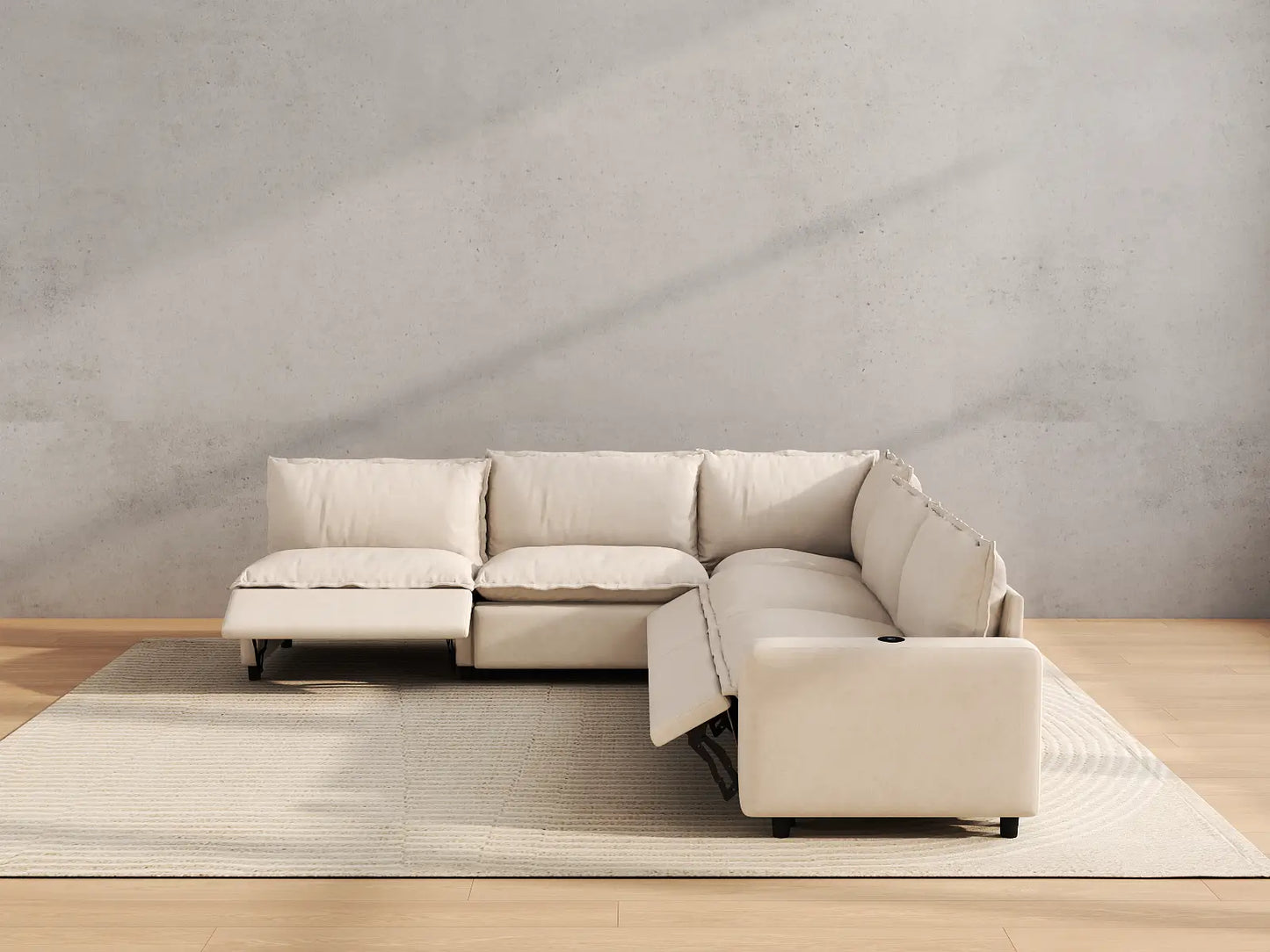 Modular Cero Power Reclining Sectional | 5-Piece Beige Linen Grand Estate V-Shaped Sectionals 5-Seater