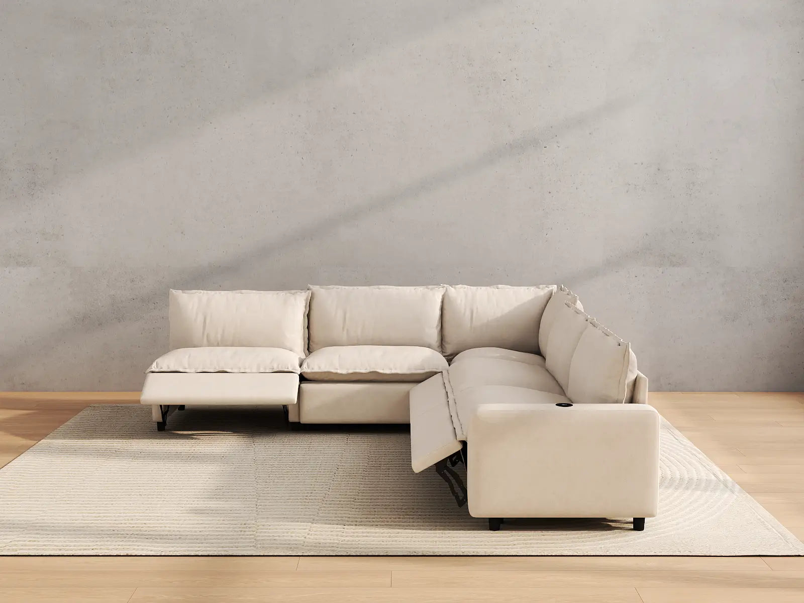 Modular Cero Power Reclining Sectional | 5-Piece Beige Linen Grand Estate V-Shaped Sectionals 5-Seater