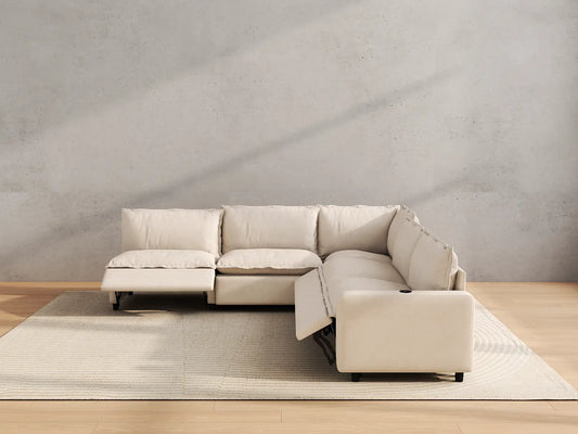 Modular Cero Reclining Sectionals | 5-Piece Beige Linen Grand Estate V-Shaped Sectionals 5-Seater
