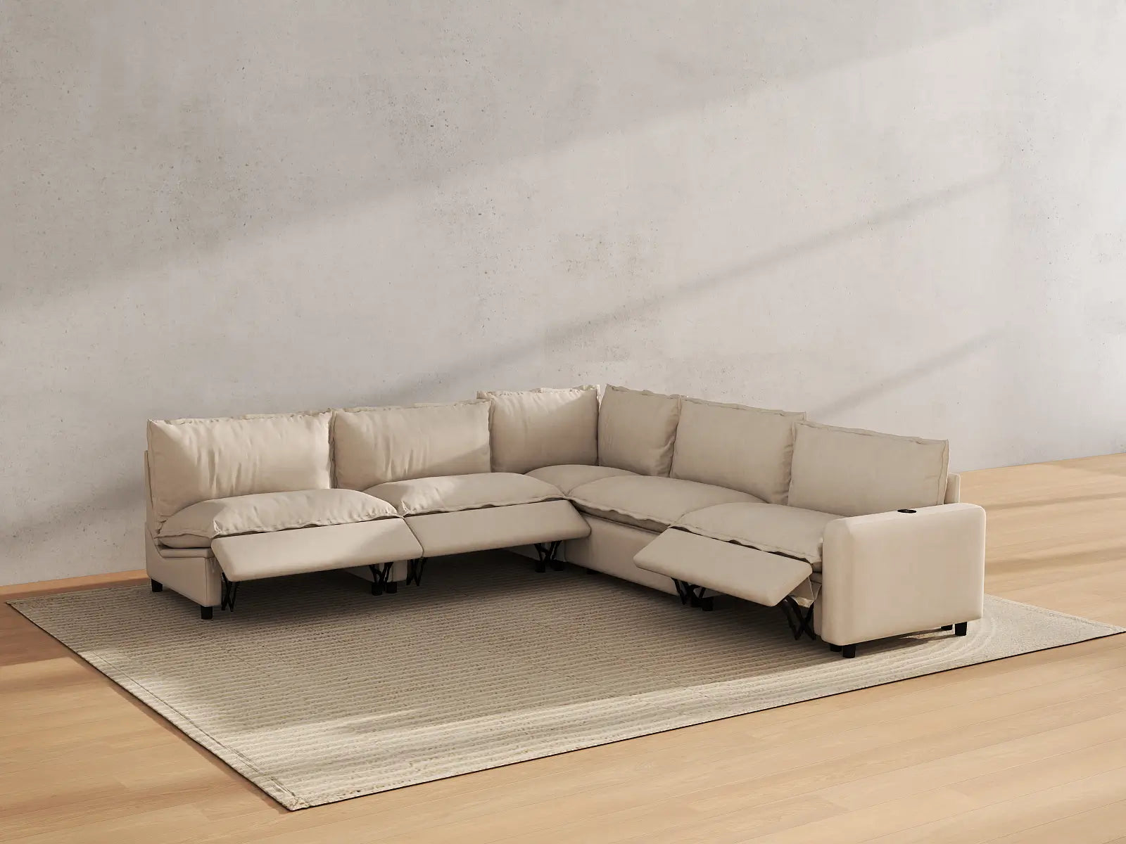 Modular Cero Power Reclining Sectional | 5-Piece Beige Linen Grand Estate V-Shaped Sectionals 5-Seater