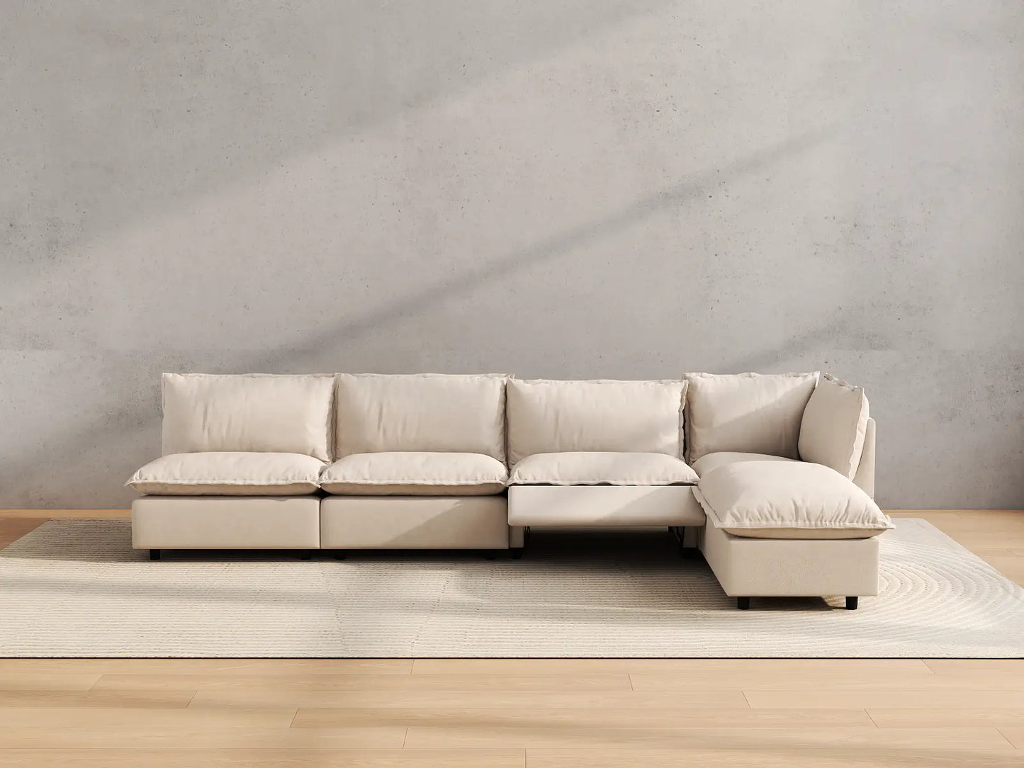 Modular Cero Reclining Sectionals | 5-Piece Beige Linen Home Living L-Shaped Sectionals 4-Seater with 1-Ottoman