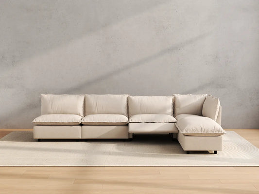 Modular Cero Reclining Sectionals | 5-Piece Beige Linen Home Living L-Shaped Sectionals 4-Seater with 1-Ottoman