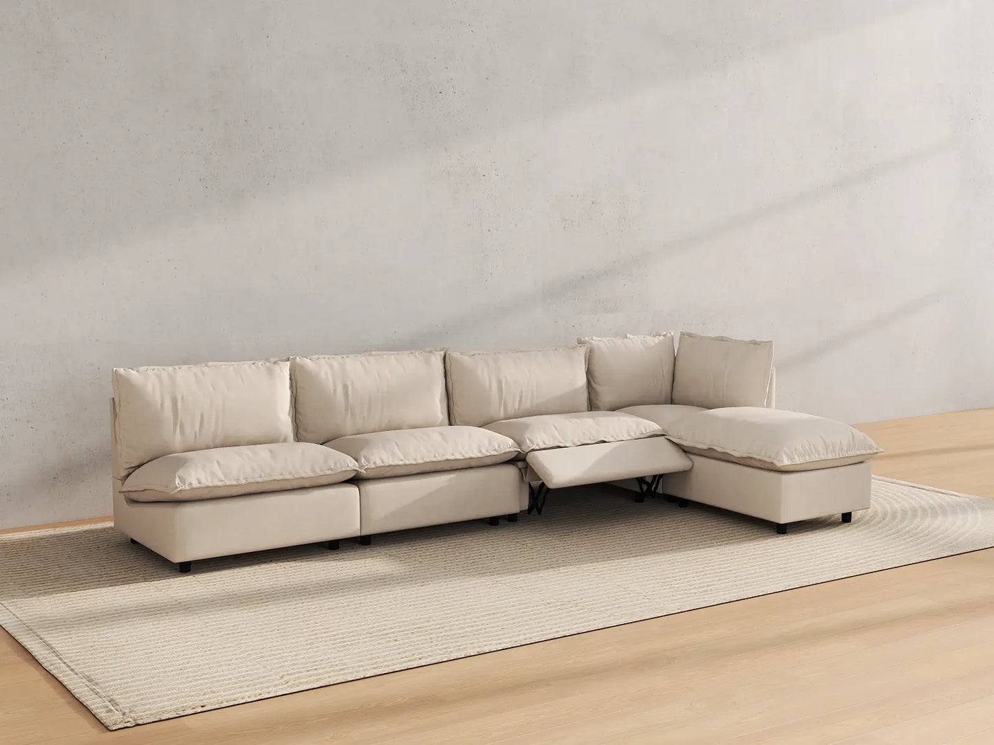 Modular Cero Reclining Sectionals | 5-Piece Beige Linen Home Living L-Shaped Sectionals 4-Seater with 1-Ottoman