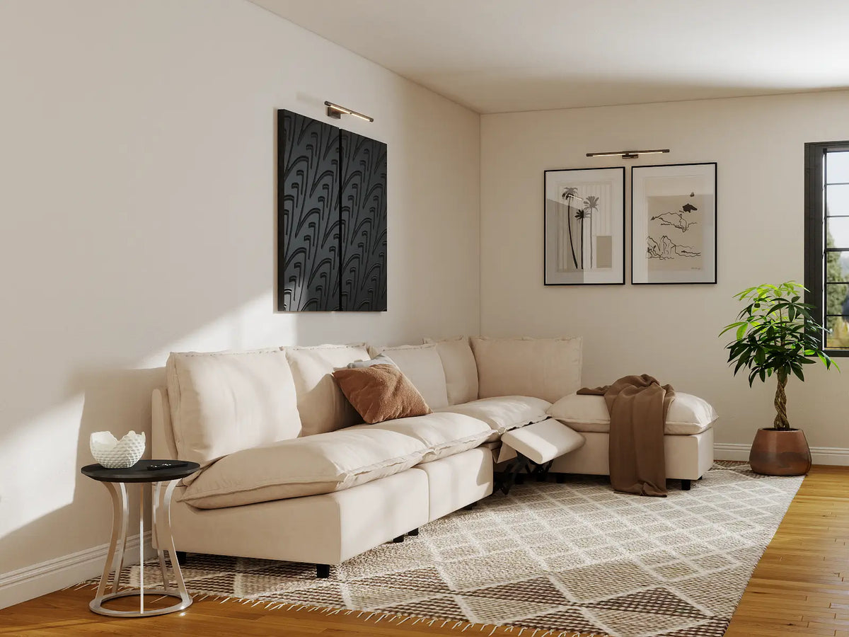 Modular Cero Reclining Sectionals | 5-Piece Beige Linen Home Living L-Shaped Sectionals 4-Seater with 1-Ottoman