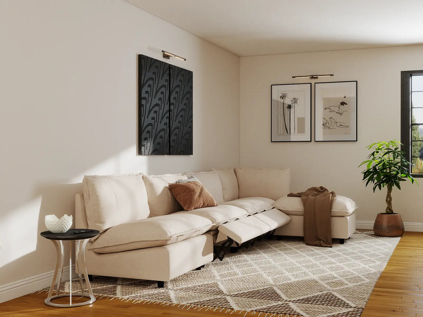 Modular Cero Reclining Sectionals | 5-Piece Beige Linen Large Space L-Shaped Sectionals 4-Seater with 1-Ottoman