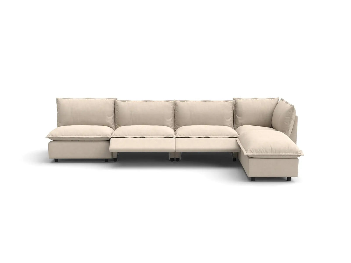 Modular Cero Reclining Sectionals | 5-Piece Beige Linen Large Space L-Shaped Sectionals 4-Seater with 1-Ottoman