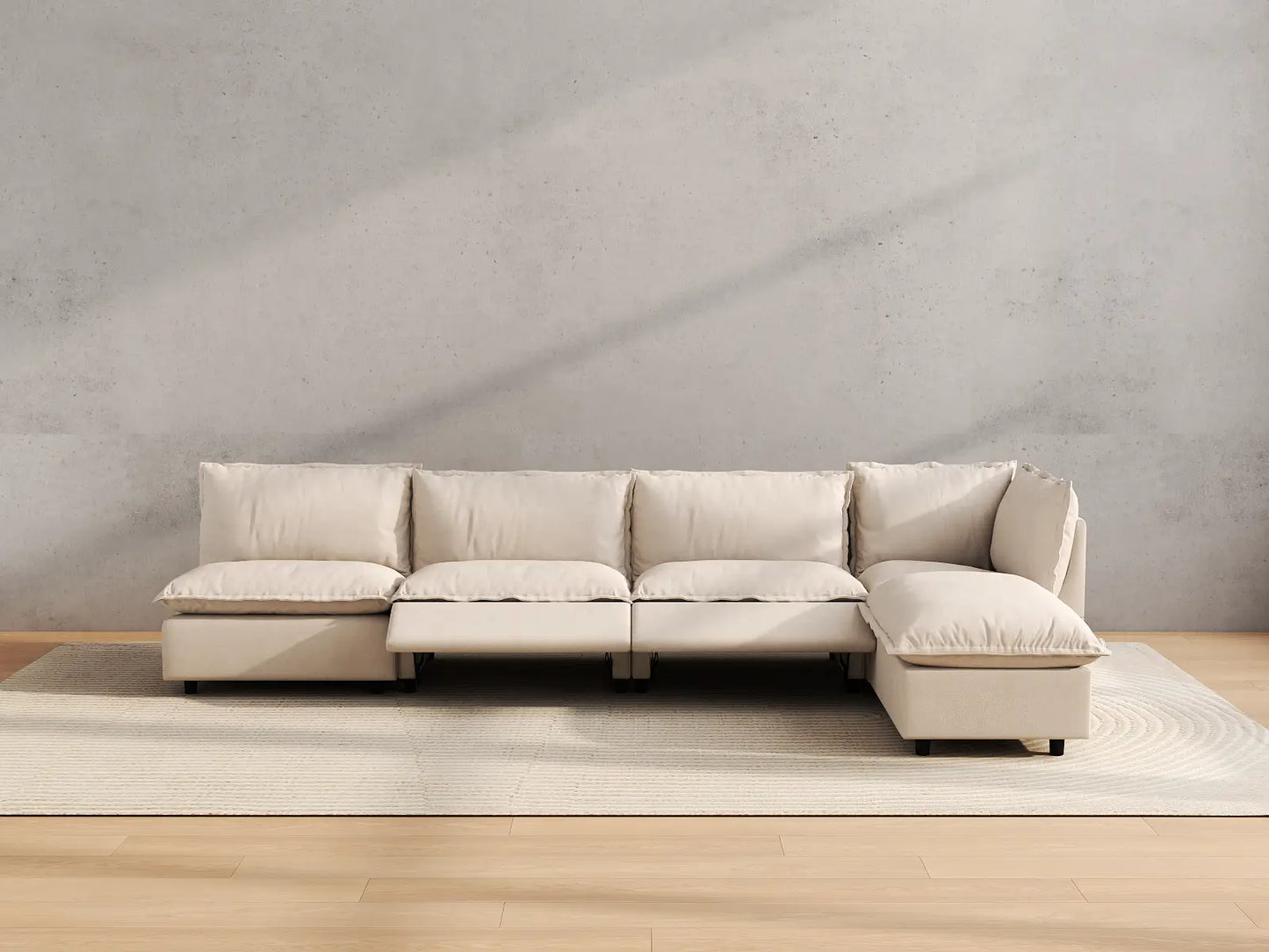 Modular Cero Reclining Sectionals | 5-Piece Beige Linen Large Space L-Shaped Sectionals 4-Seater with 1-Ottoman