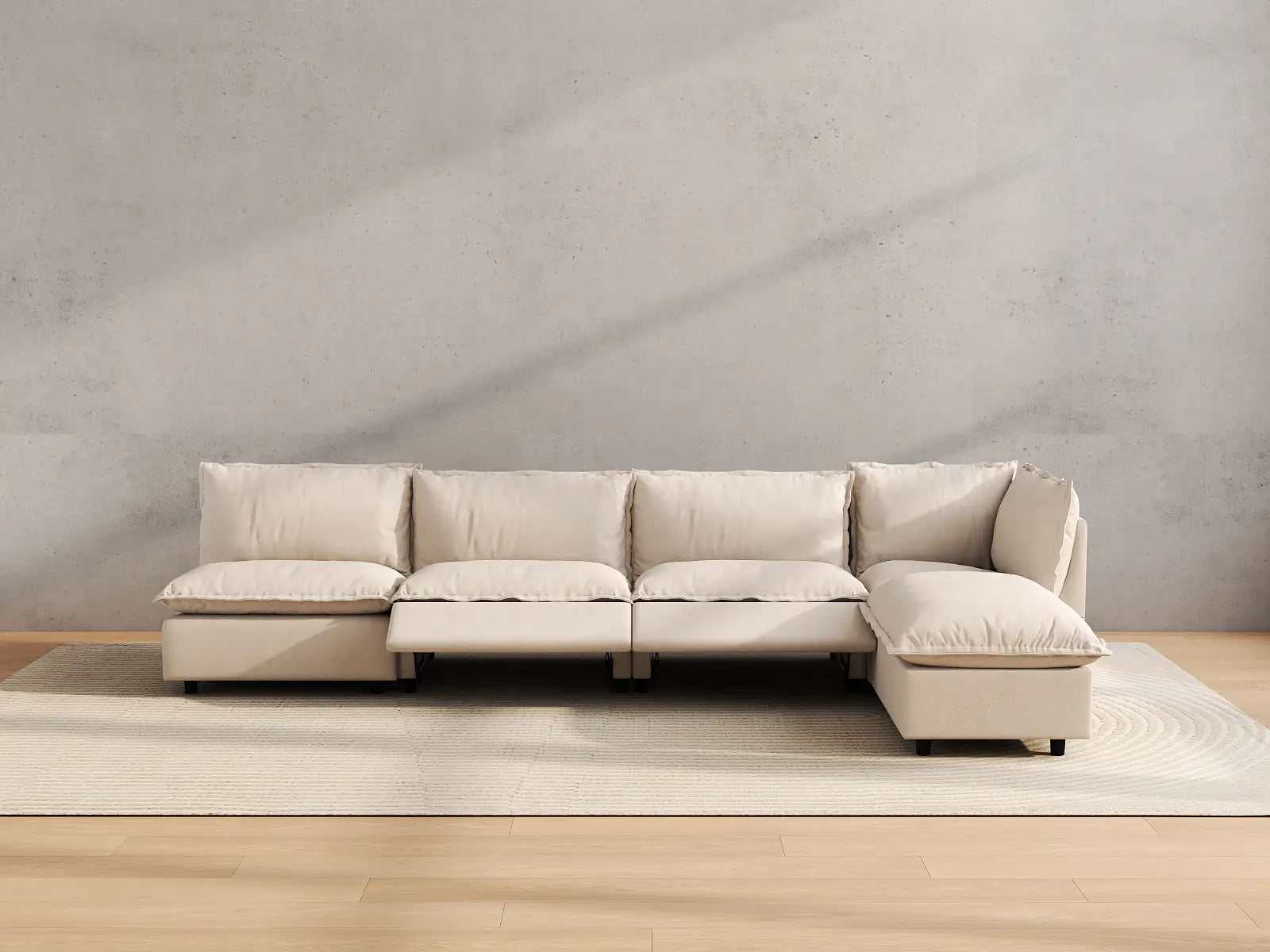 Modular Cero L Shaped Sectional Sofa with Recliner | 5-Piece Beige Linen Large Space L-Shaped Sectionals 4-Seater with 1-Ottoman