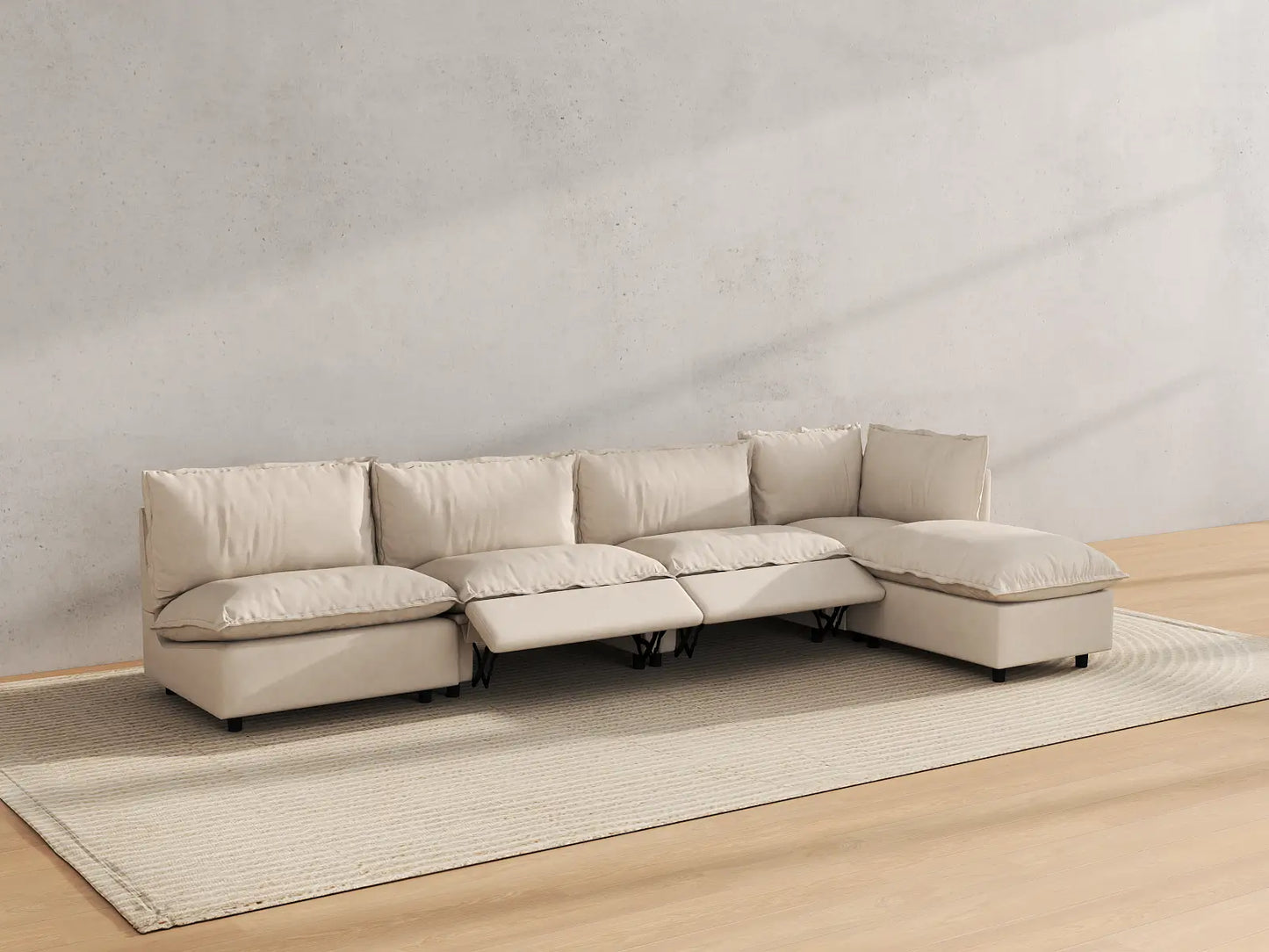 Modular Cero Reclining Sectionals | 5-Piece Beige Linen Large Space L-Shaped Sectionals 4-Seater with 1-Ottoman