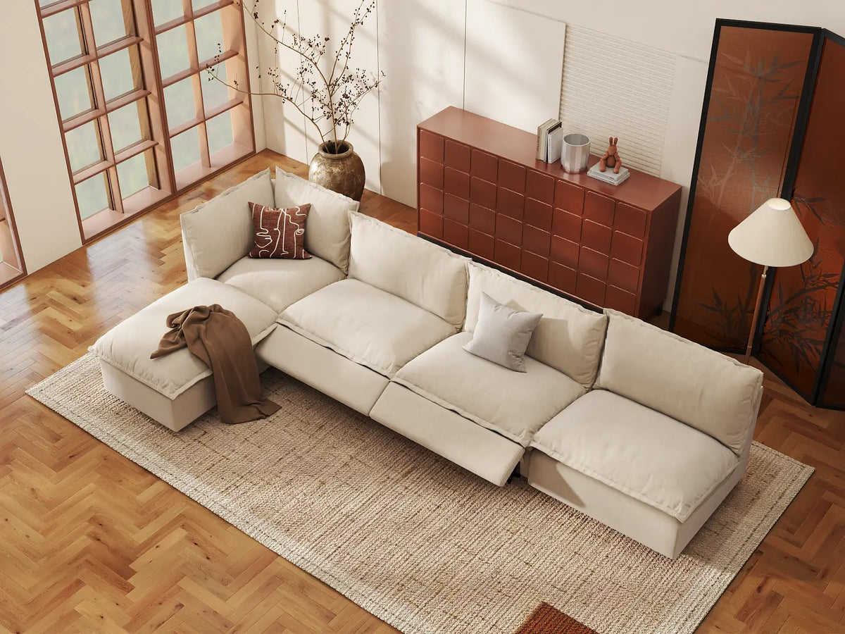 Modular Cero Reclining Sectionals | 5-Piece Beige Linen Large Space L-Shaped Sectionals 4-Seater with 1-Ottoman