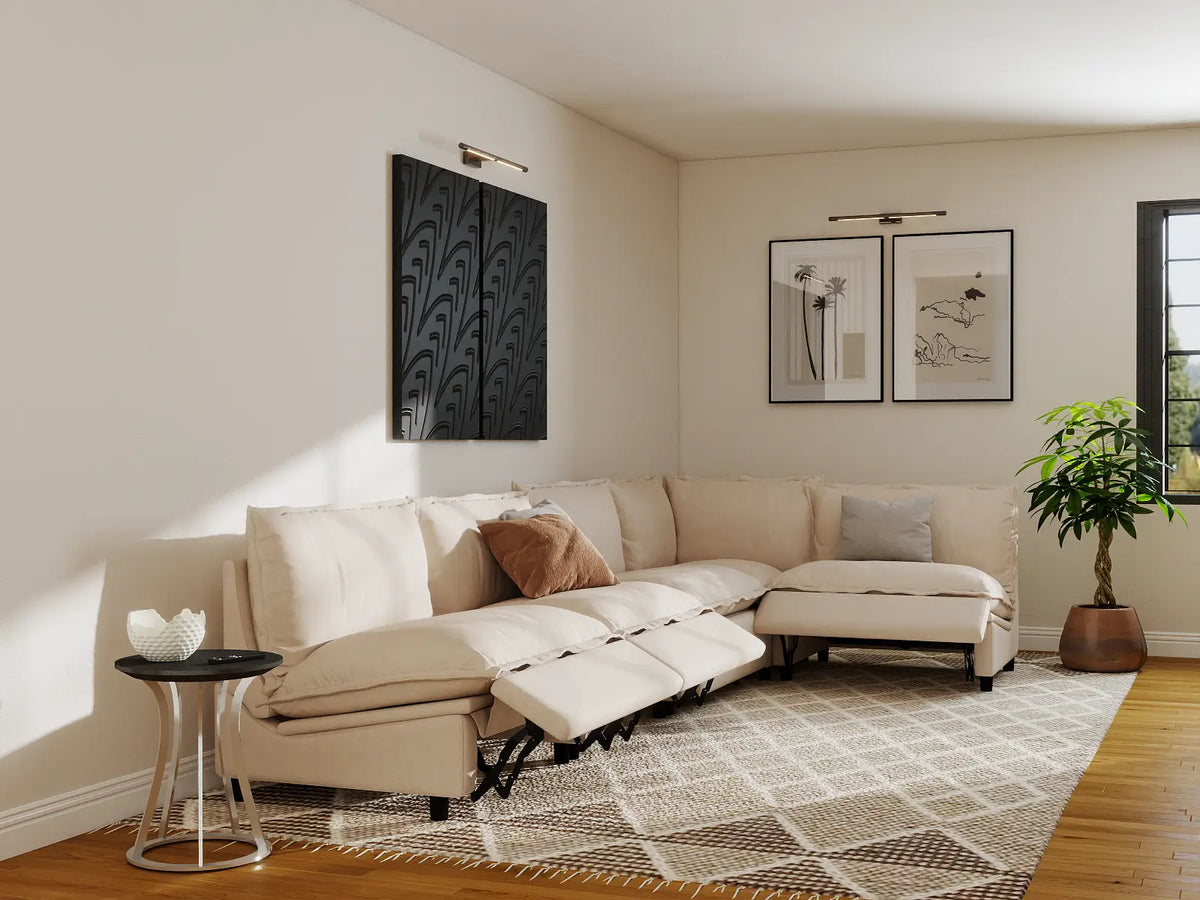 Modular Cero Reclining Sectionals | 5-Piece Beige Linen Large Space L-Shaped Sectionals 5-Seater