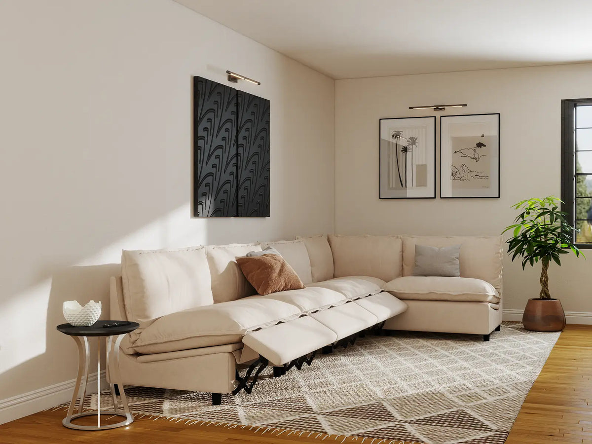 Modular Cero Reclining Sectionals | 5-Piece Beige Linen Large Space L-Shaped Sectionals 5-Seater