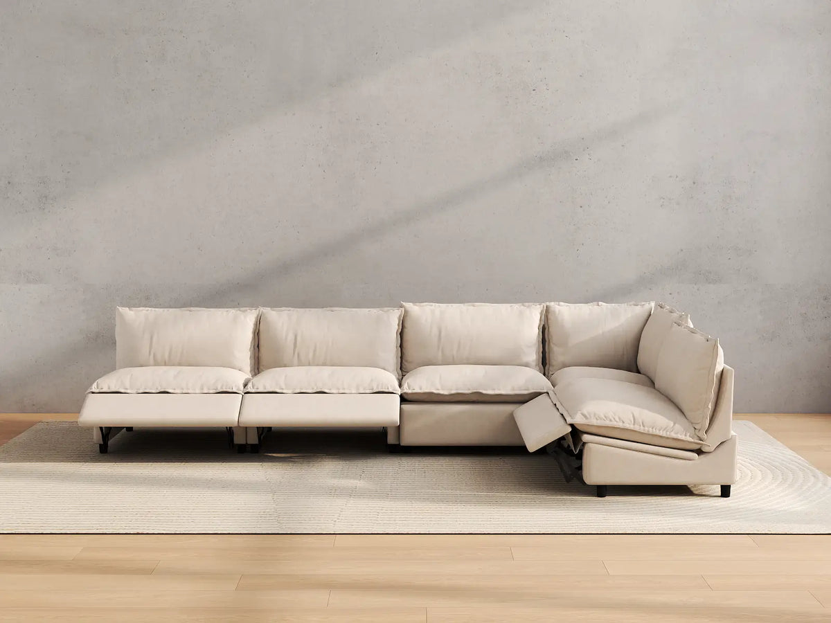 Modular Cero Reclining Sectionals | 5-Piece Beige Linen Large Space L-Shaped Sectionals 5-Seater