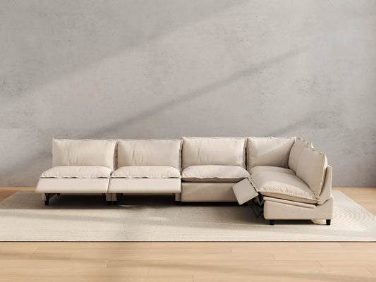 Modular Cero Reclining Sectionals | 5-Piece Beige Linen Large Space L-Shaped Sectionals 5-Seater
