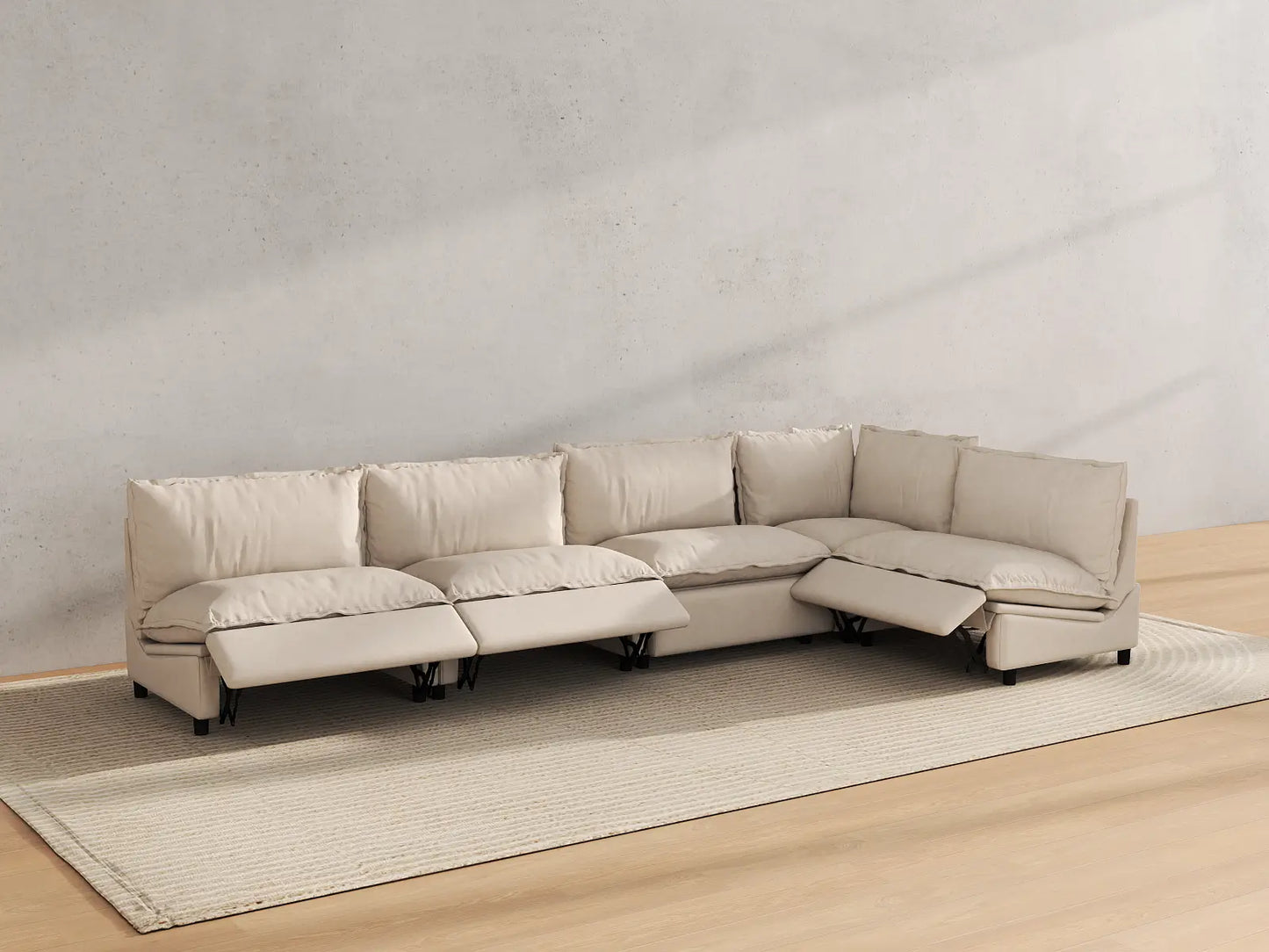 Modular Cero Reclining Sectionals | 5-Piece Beige Linen Large Space L-Shaped Sectionals 5-Seater