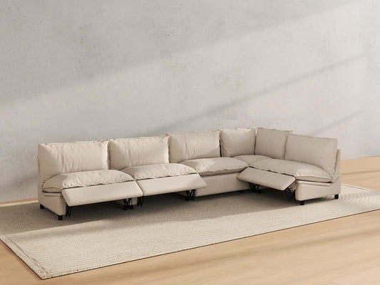 Modular Cero Reclining Sectionals | 5-Piece Beige Linen Large Space L-Shaped Sectionals 5-Seater