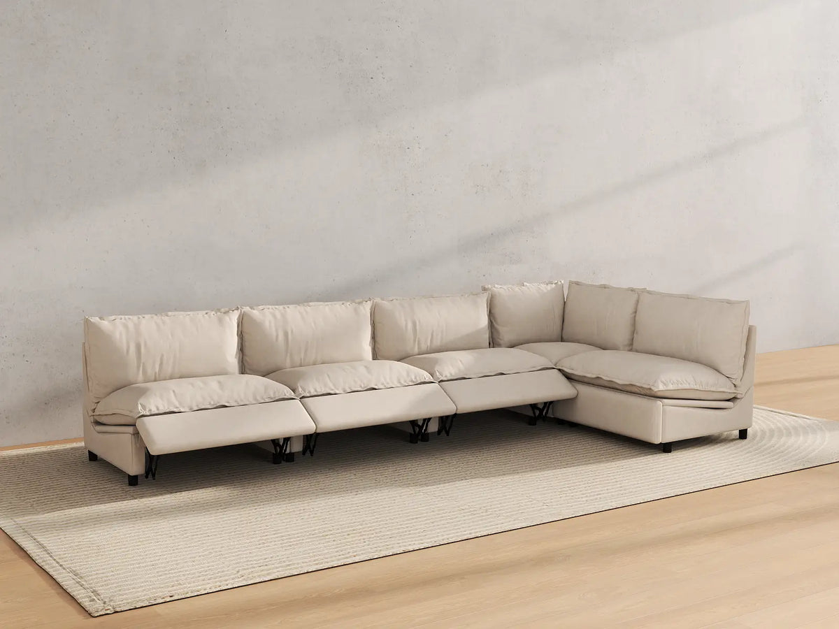 Modular Cero Reclining Sectionals | 5-Piece Beige Linen Large Space L-Shaped Sectionals 5-Seater