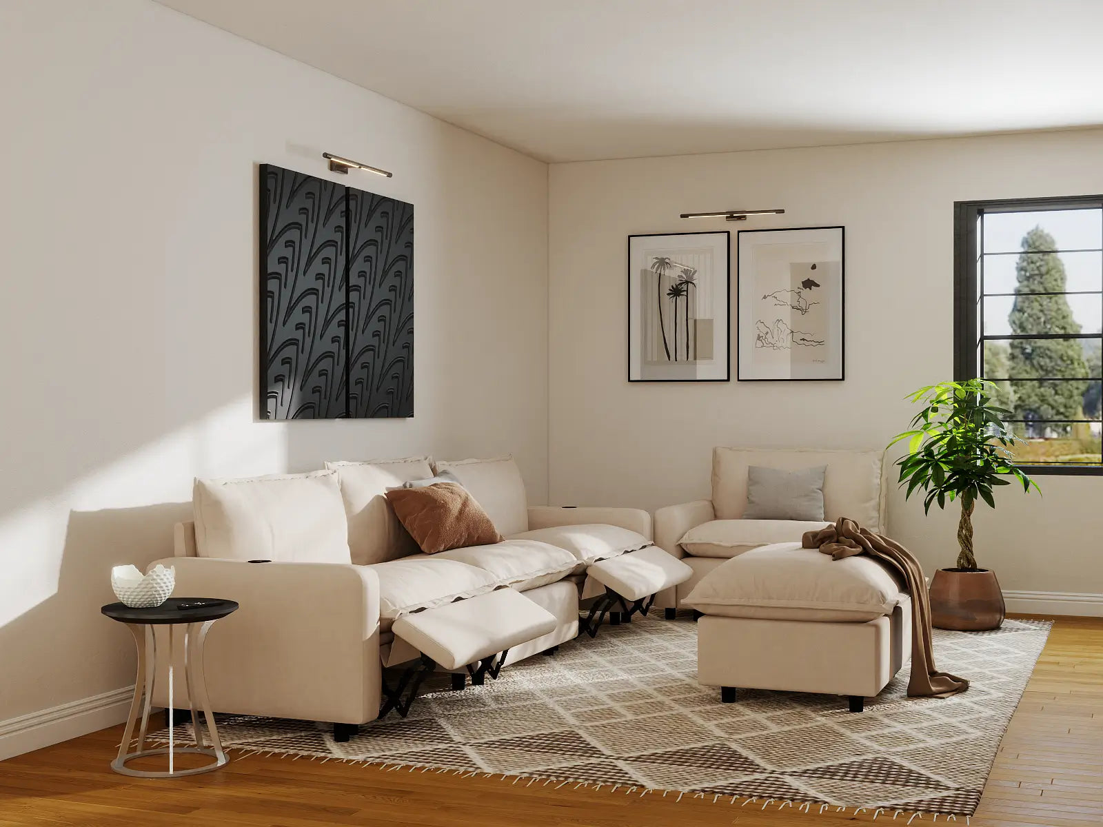Modular Cero Sofa Set Recliner | 5-Piece Beige Linen Large Space Sofa Sets 4-Seater with 1-Ottoman
