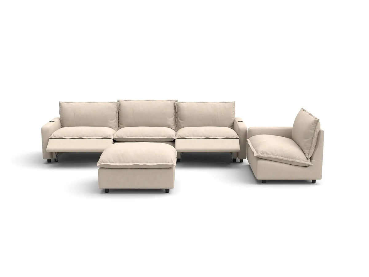 Modular Cero Reclining Sectionals | 5-Piece Beige Linen Large Space Sofa Sets 4-Seater with 1-Ottoman