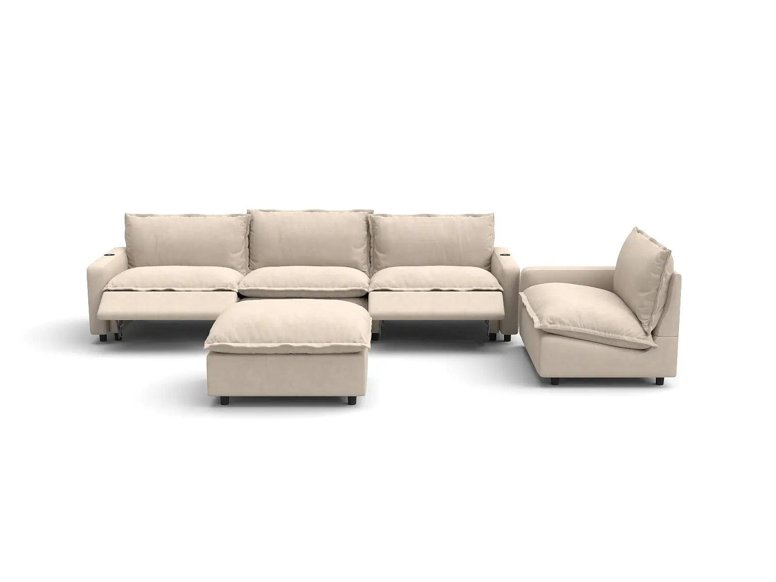 Modular Cero Sofa Set Recliner | 5-Piece Beige Linen Large Space Sofa Sets 4-Seater with 1-Ottoman
