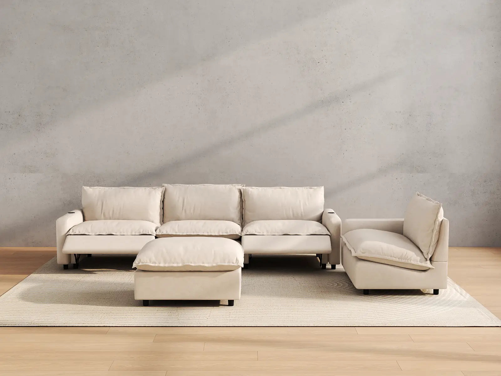 Modular Cero Sofa Set Recliner | 5-Piece Beige Linen Large Space Sofa Sets 4-Seater with 1-Ottoman
