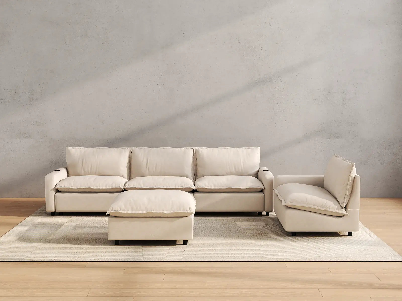 Modular Cero Sofa Set Recliner | 5-Piece Beige Linen Large Space Sofa Sets 4-Seater with 1-Ottoman