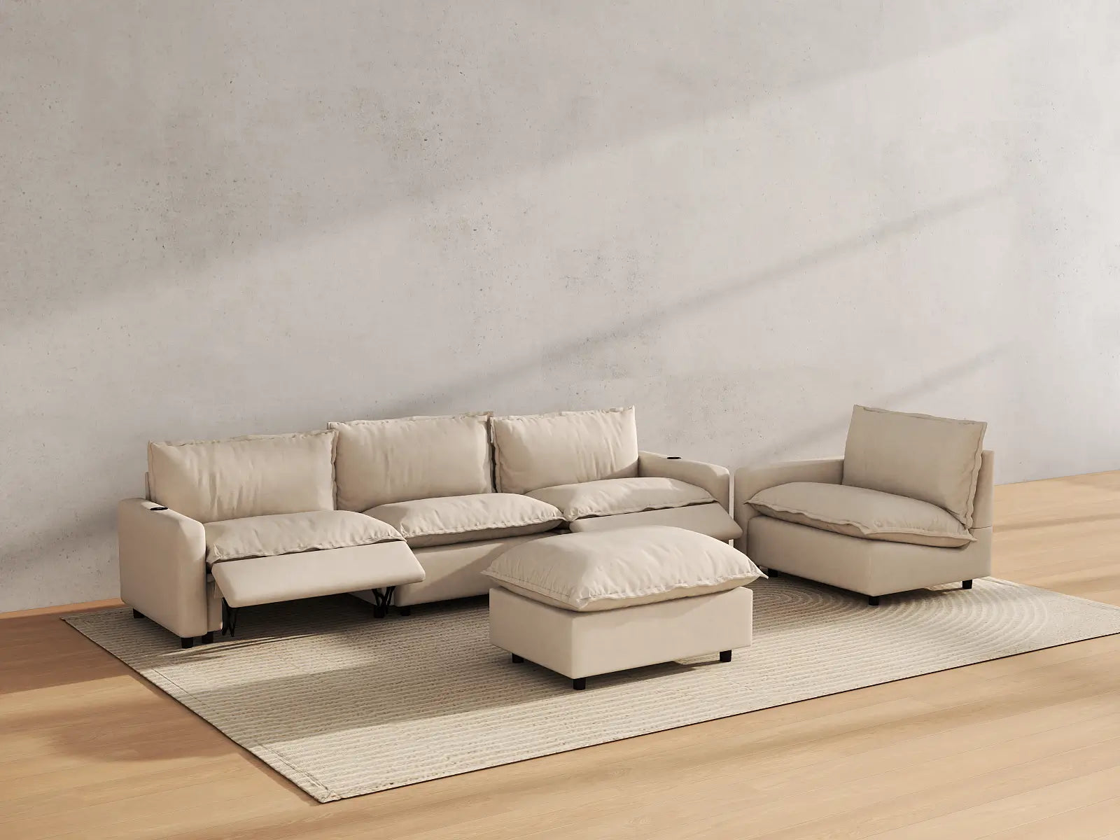 Modular Cero Sofa Set Recliner | 5-Piece Beige Linen Large Space Sofa Sets 4-Seater with 1-Ottoman