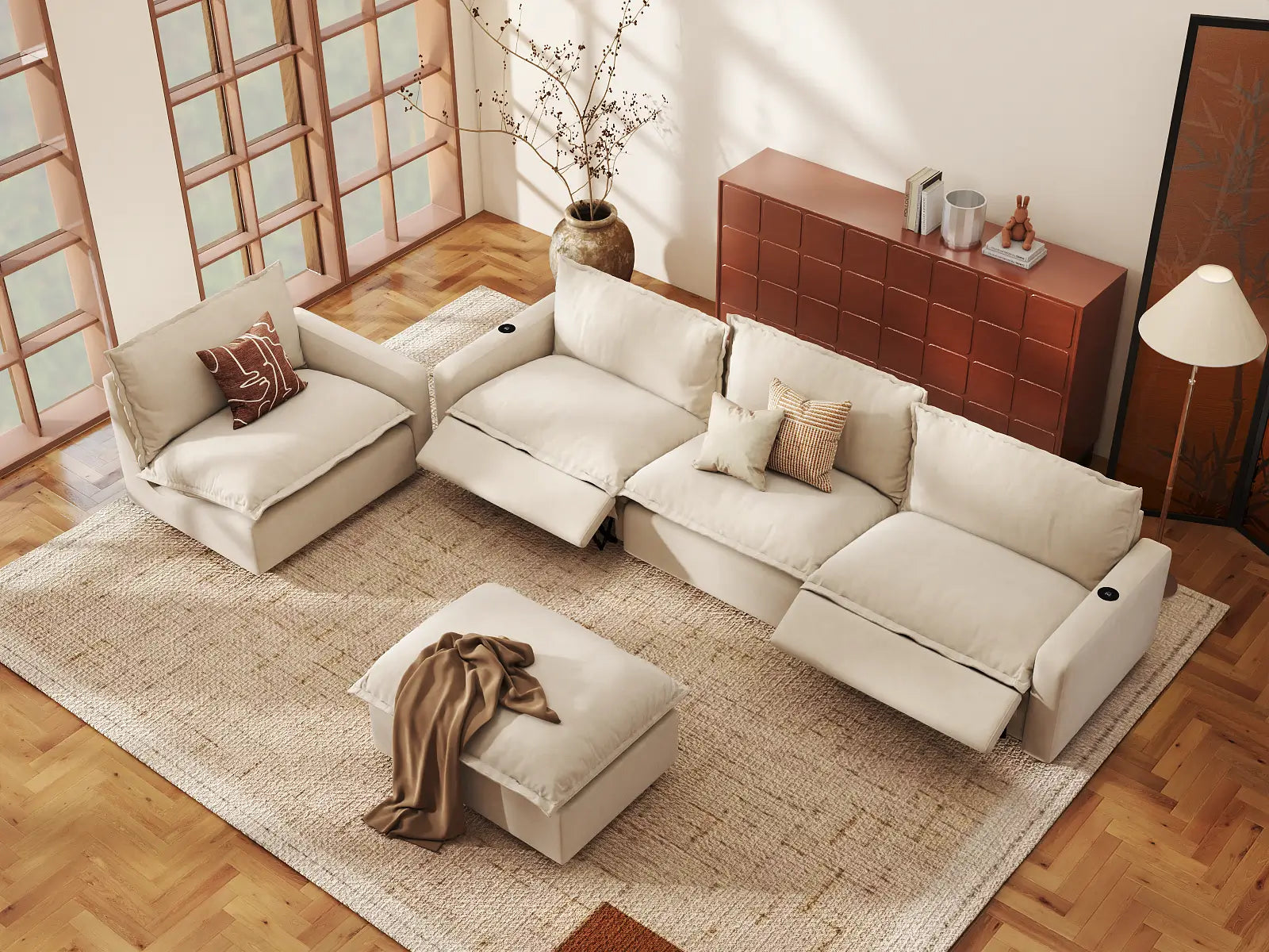 Modular Cero Sofa Set Recliner | 5-Piece Beige Linen Large Space Sofa Sets 4-Seater with 1-Ottoman